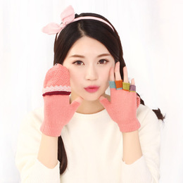 半指露指手袜女冬天季韩版可爱学生翻盖两用保暖毛线手套半截魔术