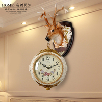 欧式挂钟表壁饰鹿头双面钟两面挂钟壁挂复古欧式创意动物墙壁时钟