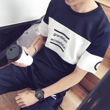 夏季短袖休闲套装男韩版修身青少年学生运动t恤潮男五分短裤大码
