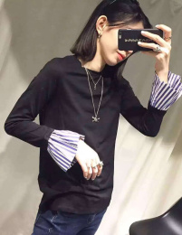 2016秋装新款韩版女装衬衣袖子拼接喇叭型打底纯棉假2件长袖T恤潮