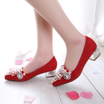 新款蕾丝新娘鞋细跟红色绸缎鞋中式结婚鞋水晶高跟单鞋女下