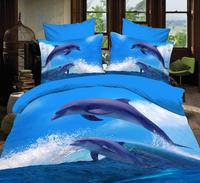 3D蓝色大海 海豚四件套纯棉 双人秋冬纯棉风景鱼被套床单床上用品