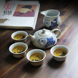 粗陶茶具套装复古日式 青花景德镇手绘功夫茶具整套 高档陶瓷礼品