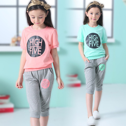 女童夏装套装2016韩版中大童短袖T恤七分裤两件套儿童运动套装