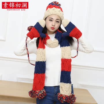 毛线帽子围巾手套三件套冬天保暖针织围巾女韩版可爱套装加绒加厚