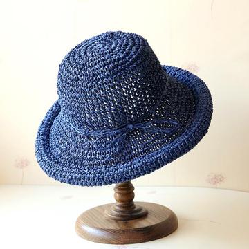 夏天拉菲草遮阳帽纯手工纸草草帽女士深蓝色防晒夏季帽子可折叠