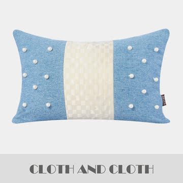 布和布家纺 蓝色毛呢丝棉拼接手工珍珠靠枕抱枕腰靠腰枕家居腰靠