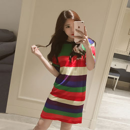 彩色彩虹条纹针织连衣裙夏季包臀修身显瘦冰丝短袖中长款韩版学生