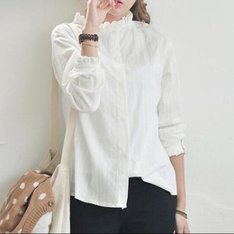 衬衫女长袖秋季新款韩版宽松学生学院风纯棉白色立领打底衬衣上衣