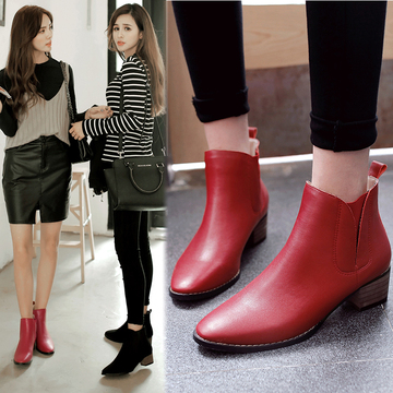 韩国代购牛皮方跟短靴春秋单靴粗跟中跟真皮马丁靴红色英伦女靴子