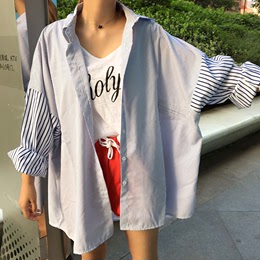 韩版宽松中长款条纹长袖衬衫女 秋装新品显瘦蝙蝠袖防晒衬衣外套