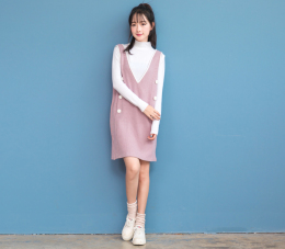 2016秋冬韩版时尚针织纽扣打底连衣裙百搭两件套时尚羊绒衫套装女