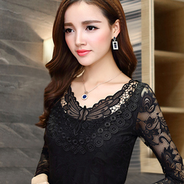 2016初秋新款女装韩版镂空蕾丝打底衫女长袖修身显瘦黑色蕾丝上衣