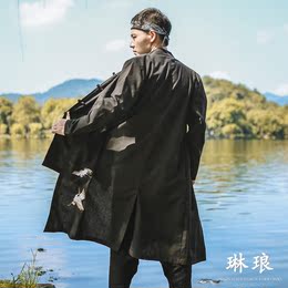 中国风仙鹤刺绣男士风衣中长款秋季潮修身型盘扣假两件亚麻外套男