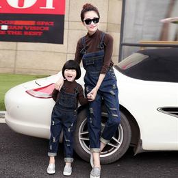 母女母子亲子装秋装2016新款两件套装T恤牛仔背带裤子休闲韩国潮