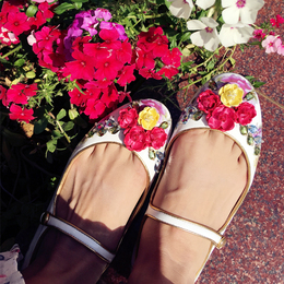 2016新款陶瓷花朵玛丽珍真皮洛可可漆皮立体花朵平底鞋
