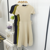 2016夏季新款韩版系带纯色圆领高腰针织短袖连衣裙中长款A字裙女