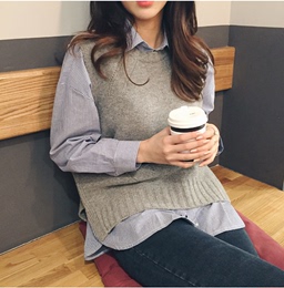 韩国2016秋装新款纯色无袖马甲女韩版开叉针织背心马夹女外搭
