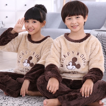 冬季韩版儿童法兰绒睡衣男孩女童长毛绒可爱米奇套装中大童家居服