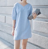 2016夏款简约条纹V领宽松显瘦泡泡袖短袖衬衫性感度假连衣裙