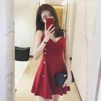 fancy2017性感名媛红色连衣裙中长款气质A字短裙无袖吊带裙子女装