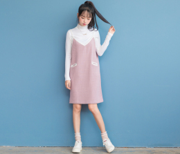 2016秋冬韩版气质淑女甜美风纯色吊带针织连衣裙时尚两件套羊绒衫