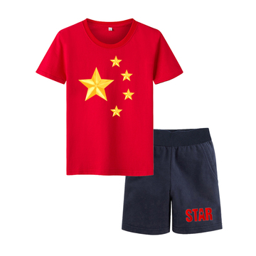 五星红旗学生套装 夏装男童女童儿童国旗短袖套装二件套校服定做