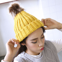 冬天冬季保暖韩版毛线帽子女黄色带有可爱球球套头针织帽中学生潮