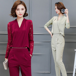 秋季套装女时尚两件套显瘦 2016新款韩版V领修身蕾丝拼接长连体裤