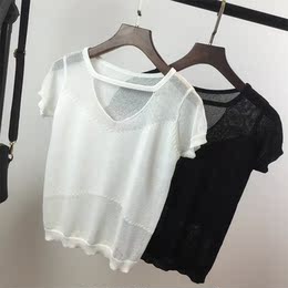 2016夏季新款冰丝短袖针织衫 纯色薄款镂空罩衫女装防嗮空调扇T恤