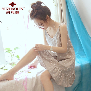 俞兆林品牌睡衣夏季女针织精梳棉吊带背心睡裙韩版少女家居服套装