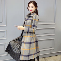 2016冬季新款韩版修身中长款格子显瘦收腰百搭毛呢大衣女呢子外套