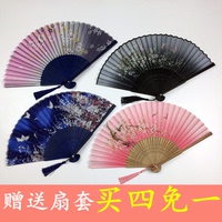 买4免1中国风古风日式可爱折扇女式扇子布夏季和风舞蹈折叠扇子