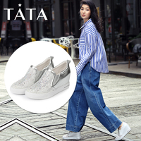 Tata/他她2017年春季牛皮蕾丝网布女休闲鞋内增高小白鞋2NZ71AM7