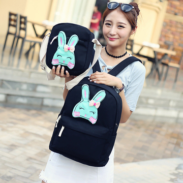 日韩版帆布双肩包中学生书包女可爱兔子两件套背包学院风电脑包潮
