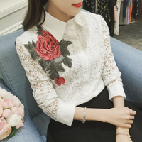 iFashion 2016春装新款韩版甜美镂空蕾丝衬衫长袖刺绣花朵上衣女