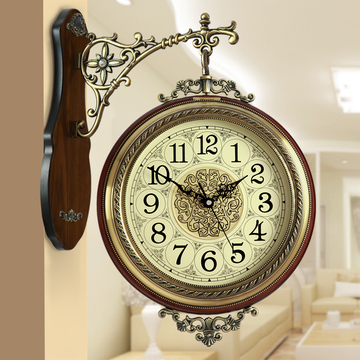 美式复古实木豪华双面挂钟静音欧式客厅两面时钟创意墙壁家用钟表