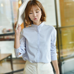 秋装新款韩国女纯色长袖衬衣学生立领清新韩范宽松简约纯棉白衬衫