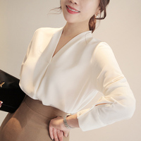 2016夏季韩版长袖V领衬衣雪纺上衣宽松显瘦纯白色衬衫女韩范